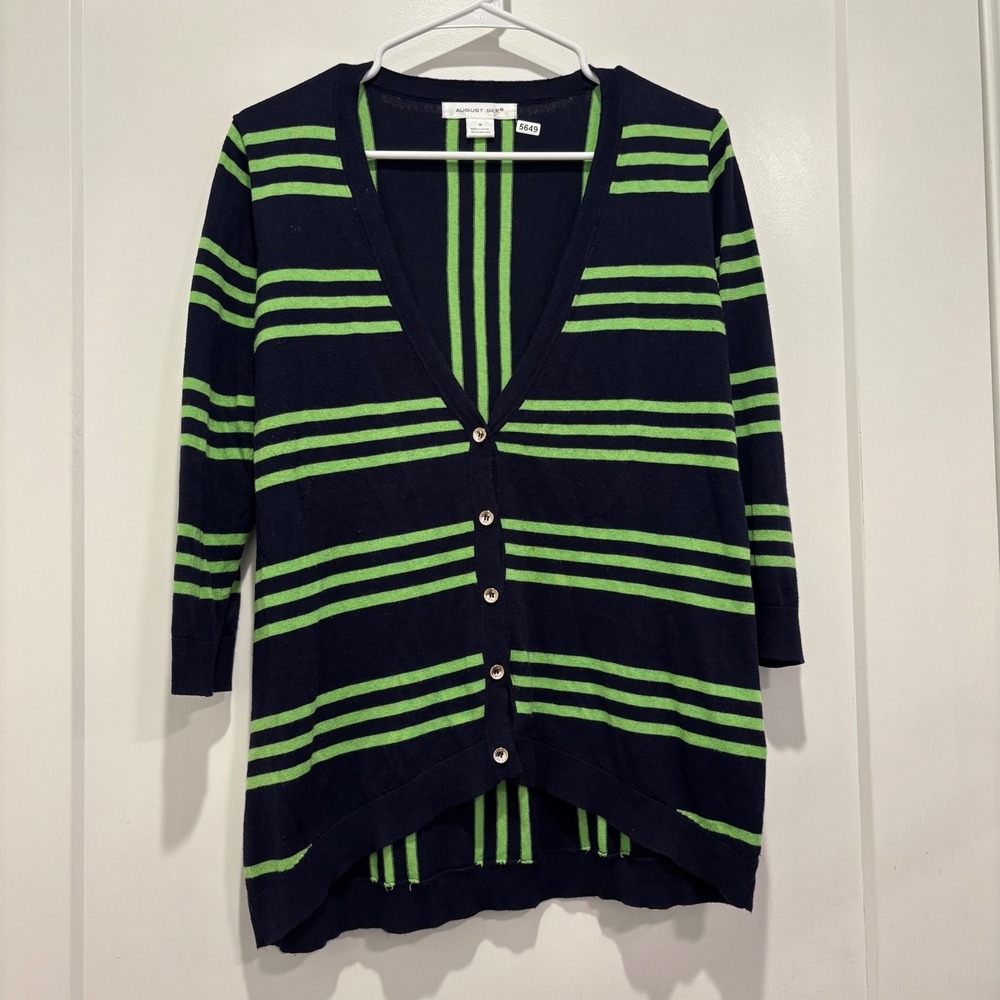 August Silk Navy Blue Lime Green Striped V-Neck Cardigan Sweater Size M